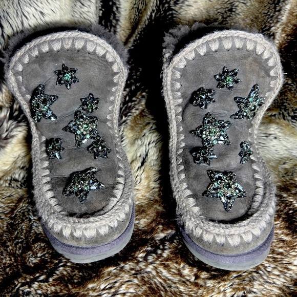 Mou Rhinestone Star Eskimo Boots Grey Sheepskin wool fur...